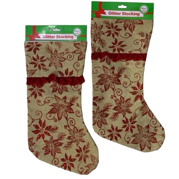 Simply Holiday Christmas Stockings Burlap Glitter Poinsettia Print Ruffle 2 PC - Picture 1 of 16